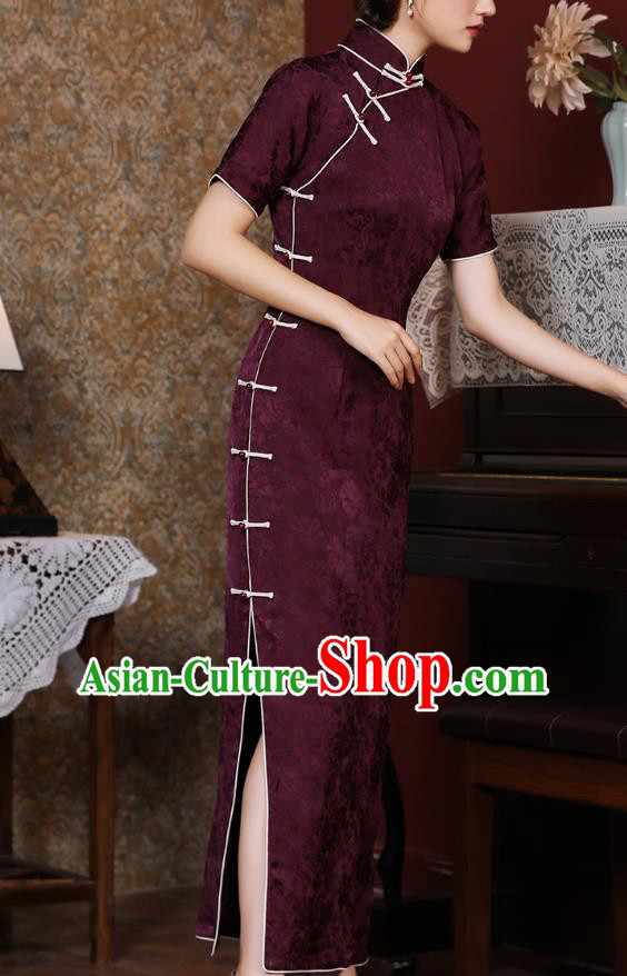 Chinese Traditional Purple Cheongsam National Shanghai Mistress Costume Classical Jacquard Silk Qipao Dress