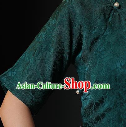 Chinese Classical Deep Green Qipao Dress National Shanghai Lady Costume Traditional Jacquard Silk Cheongsam