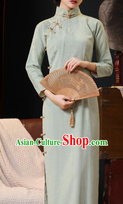 Chinese Traditional Light Green Flax Cheongsam Classical Qipao Dress National Shanghai Lady Costume