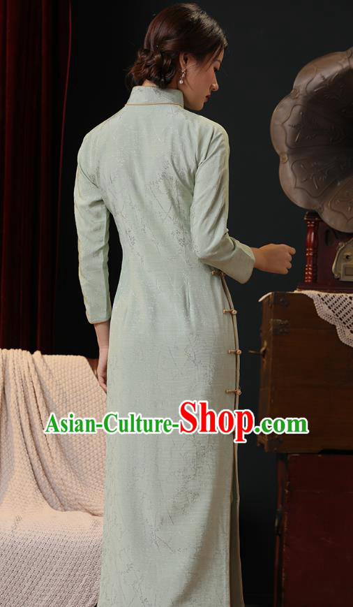 Chinese Traditional Light Green Flax Cheongsam Classical Qipao Dress National Shanghai Lady Costume