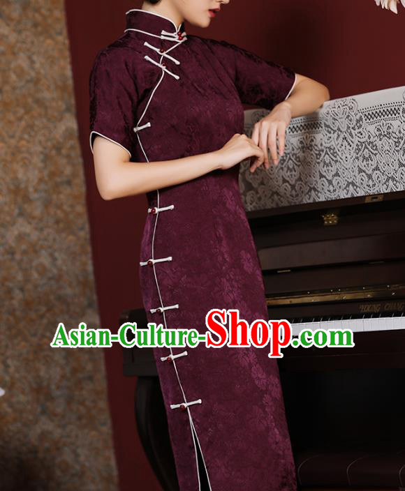 Chinese Traditional Purple Cheongsam National Shanghai Mistress Costume Classical Jacquard Silk Qipao Dress