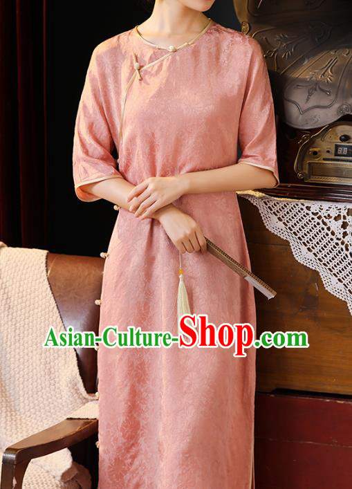 Chinese Traditional Pink Silk Cheongsam National Young Woman Costume Classical Loose Qipao Dress
