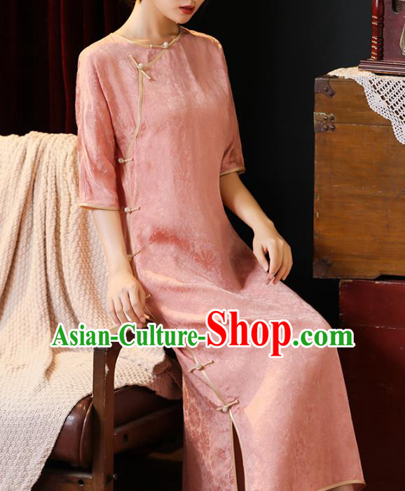 Chinese Traditional Pink Silk Cheongsam National Young Woman Costume Classical Loose Qipao Dress