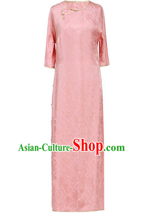 Chinese Traditional Pink Silk Cheongsam National Young Woman Costume Classical Loose Qipao Dress