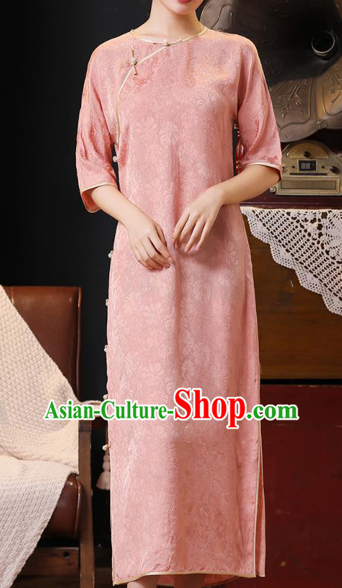 Chinese Traditional Pink Silk Cheongsam National Young Woman Costume Classical Loose Qipao Dress