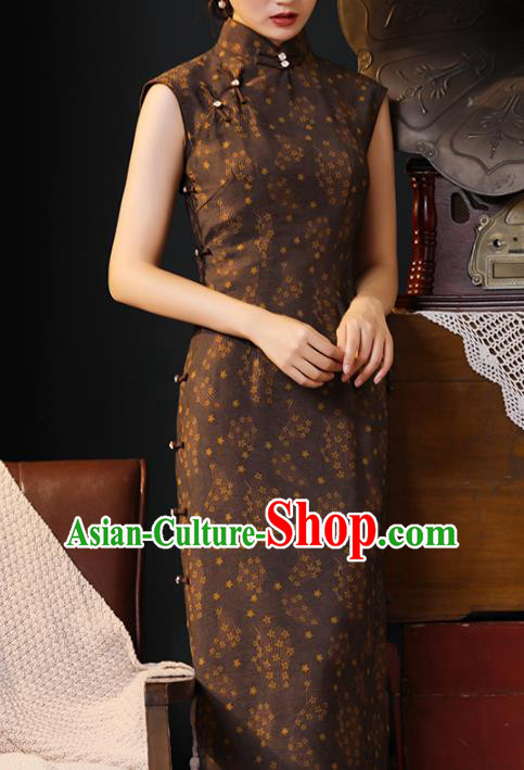 Chinese Traditional Brown Cotton Cheongsam National Young Woman Costume Classical Sleeveless Qipao Dress