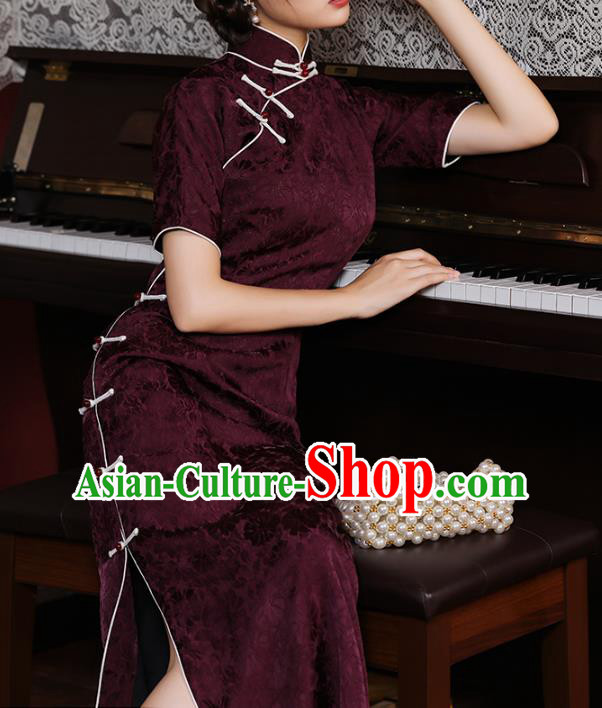 Chinese Traditional Purple Cheongsam National Shanghai Mistress Costume Classical Jacquard Silk Qipao Dress