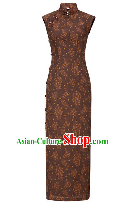 Chinese Traditional Brown Cotton Cheongsam National Young Woman Costume Classical Sleeveless Qipao Dress