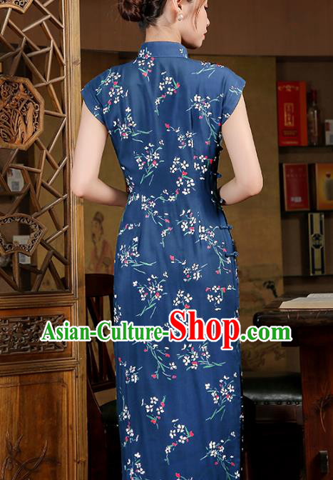 Chinese Classical Dance Qipao Dress National Young Lady Costume Traditional Printing Navy Cheongsam