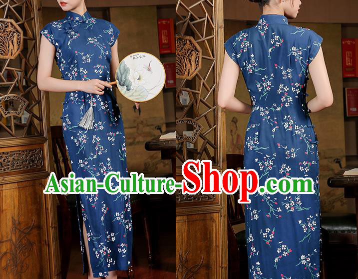 Chinese Classical Dance Qipao Dress National Young Lady Costume Traditional Printing Navy Cheongsam