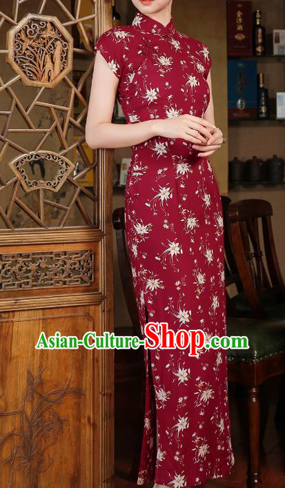 Chinese Classical Printing Wine Red Qipao Dress National Shanghai Woman Costume Traditional Cheongsam