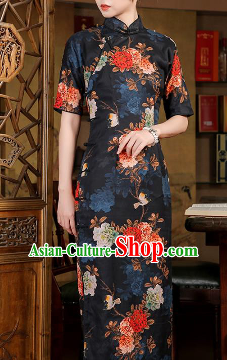 Chinese Traditional Printing Peony Black Ramie Cheongsam Classical Qipao Dress National Shanghai Woman Costume