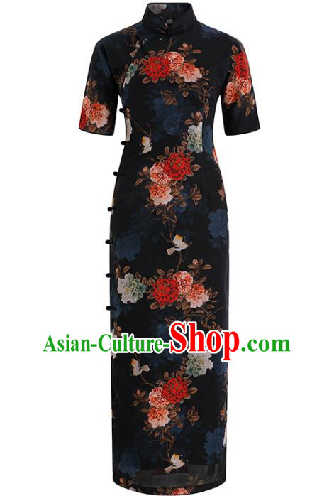 Chinese Traditional Printing Peony Black Ramie Cheongsam Classical Qipao Dress National Shanghai Woman Costume