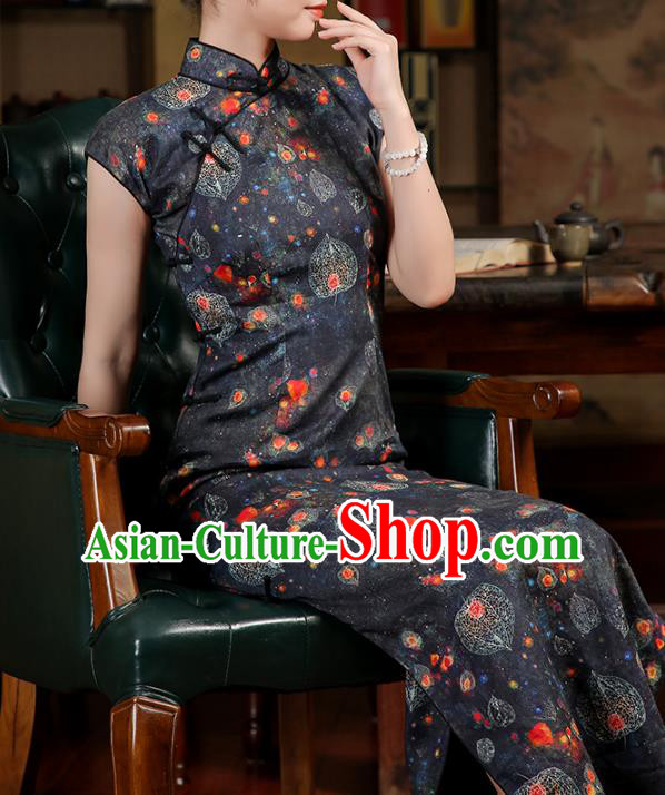 Chinese Classical Qipao Dress National Shanghai Beauty Costume Traditional Printing Black Ramie Cheongsam