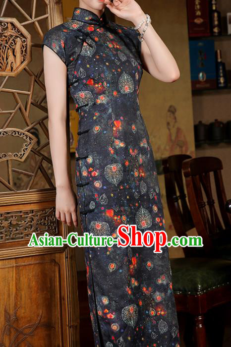 Chinese Classical Qipao Dress National Shanghai Beauty Costume Traditional Printing Black Ramie Cheongsam