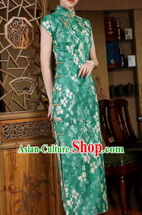Chinese Classical Young Lady Qipao Dress Traditional Printing Green Ramie Cheongsam Clothing
