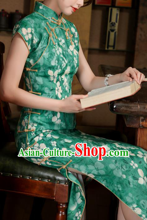 Chinese Classical Young Lady Qipao Dress Traditional Printing Green Ramie Cheongsam Clothing