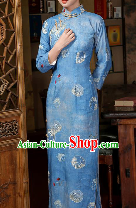 Chinese Traditional Printing Butterfly Orchids Cheongsam Clothing Classical Young Lady Blue Ramie Qipao Dress