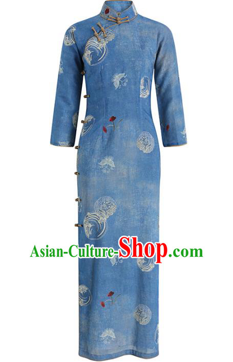 Chinese Traditional Printing Butterfly Orchids Cheongsam Clothing Classical Young Lady Blue Ramie Qipao Dress