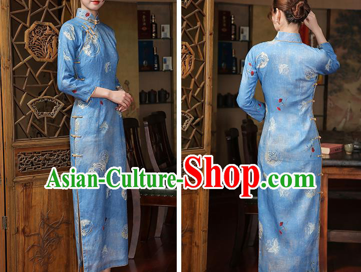 Chinese Traditional Printing Butterfly Orchids Cheongsam Clothing Classical Young Lady Blue Ramie Qipao Dress