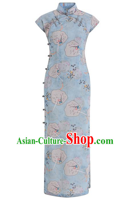Chinese Classical Light Blue Ramie Qipao Dress Traditional Printing Palace Fans Cheongsam Clothing