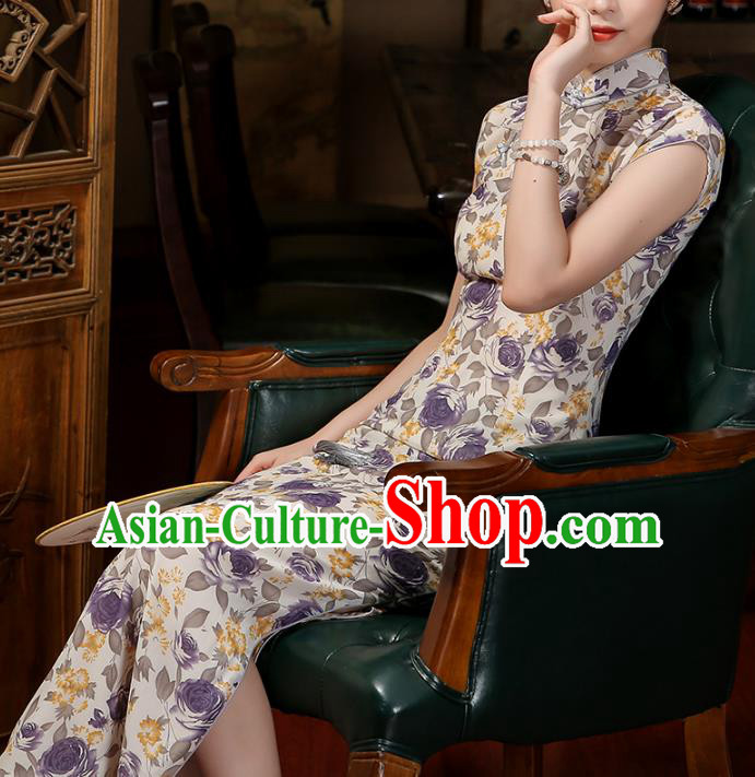 Chinese Classical Dance Qipao Dress Traditional Shanghai Printing Chiffon Cheongsam Clothing