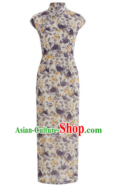 Chinese Classical Dance Qipao Dress Traditional Shanghai Printing Chiffon Cheongsam Clothing