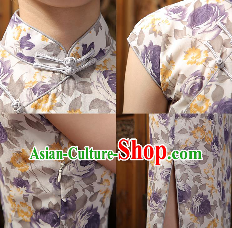 Chinese Classical Dance Qipao Dress Traditional Shanghai Printing Chiffon Cheongsam Clothing