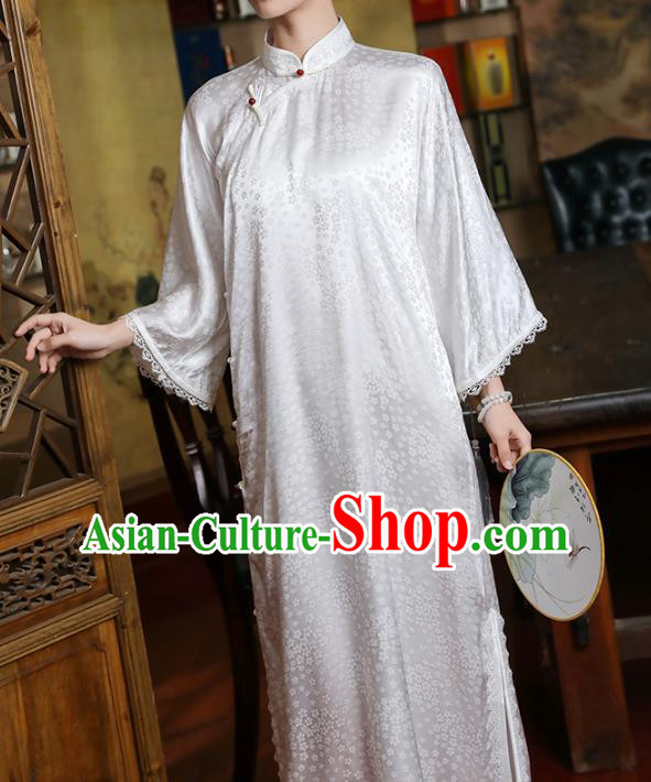 Chinese Classical Plum Pattern Qipao Dress Traditional Shanghai Mandarin Sleeve White Silk Cheongsam Clothing