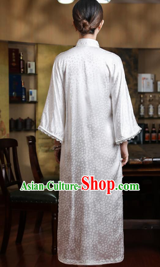 Chinese Classical Plum Pattern Qipao Dress Traditional Shanghai Mandarin Sleeve White Silk Cheongsam Clothing