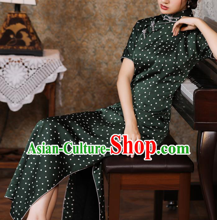 Chinese Classical Green Satin Qipao Dress Traditional Dance Cheongsam National Slant Opening Costume