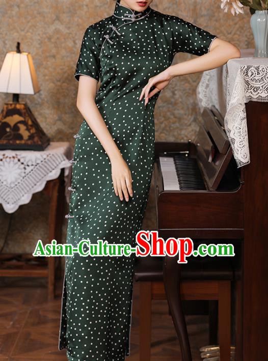Chinese Classical Green Satin Qipao Dress Traditional Dance Cheongsam National Slant Opening Costume