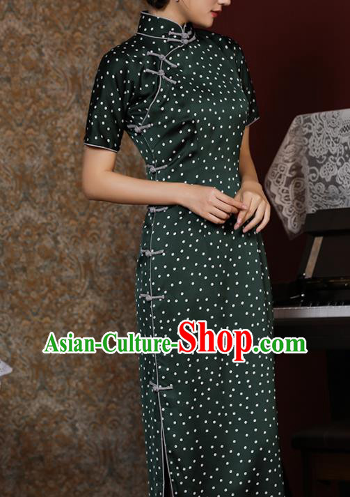 Chinese Classical Green Satin Qipao Dress Traditional Dance Cheongsam National Slant Opening Costume