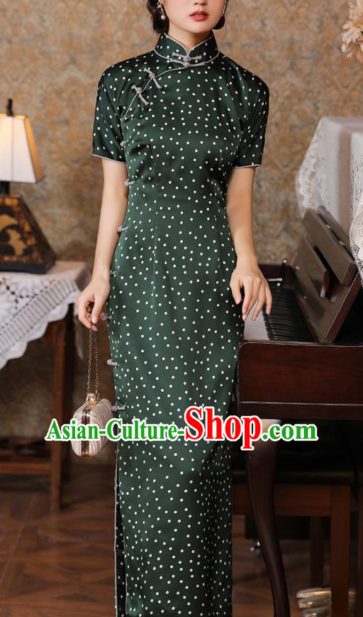 Chinese Classical Green Satin Qipao Dress Traditional Dance Cheongsam National Slant Opening Costume