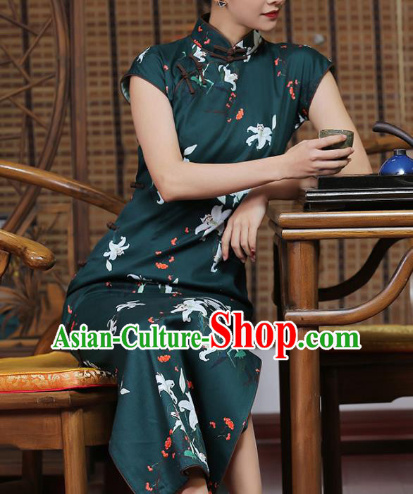 Chinese Traditional Old Shanghai Cheongsam Clothing Classical Printing Lily Flowers Atrovirens Qipao Dress