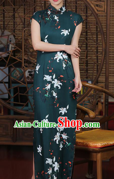 Chinese Traditional Old Shanghai Cheongsam Clothing Classical Printing Lily Flowers Atrovirens Qipao Dress