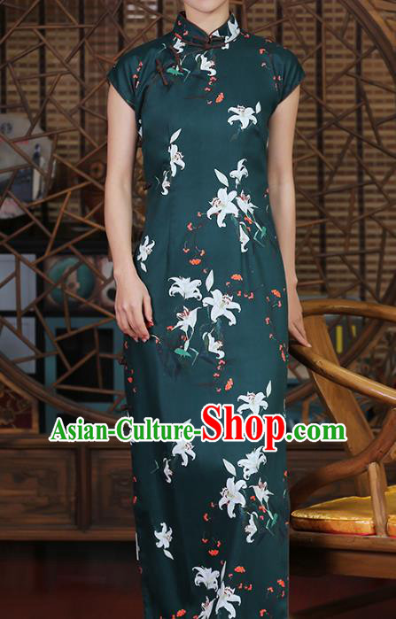 Chinese Traditional Old Shanghai Cheongsam Clothing Classical Printing Lily Flowers Atrovirens Qipao Dress