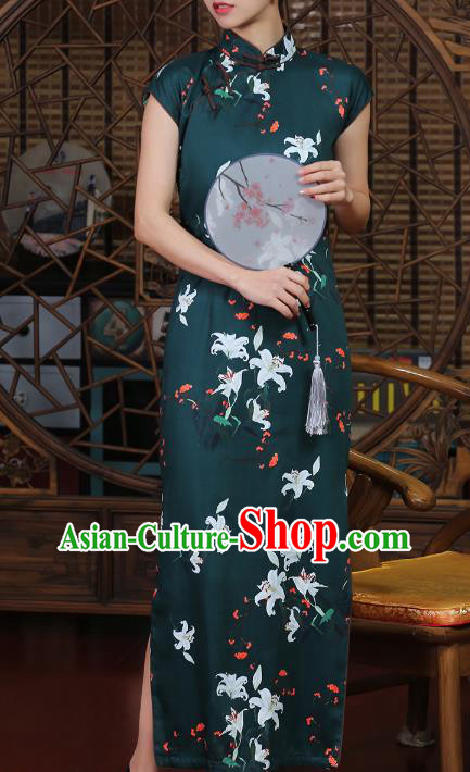 Chinese Traditional Old Shanghai Cheongsam Clothing Classical Printing Lily Flowers Atrovirens Qipao Dress