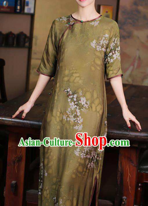 Chinese Traditional Olive Green Tencel Cheongsam Clothing Classical Printing Pear Blossom Qipao Dress