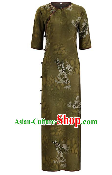 Chinese Traditional Olive Green Tencel Cheongsam Clothing Classical Printing Pear Blossom Qipao Dress