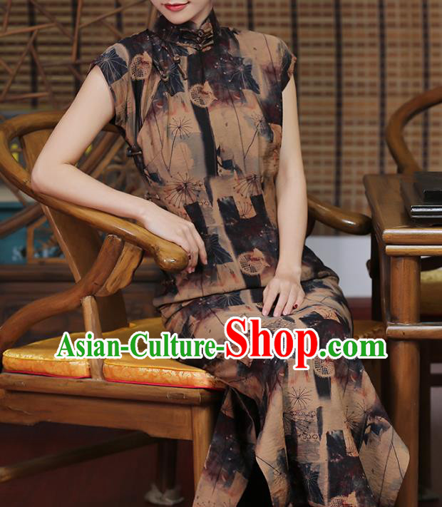 Chinese Traditional Brown Cheongsam Clothing Classical Shanghai Young Lady Qipao Dress