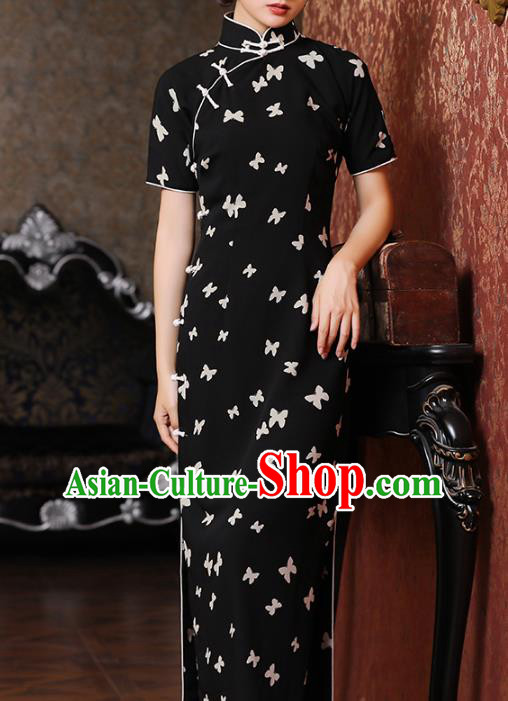Chinese Classical Black Chiffon Qipao Dress National Woman Costume Traditional Printing Butterfly Cheongsam