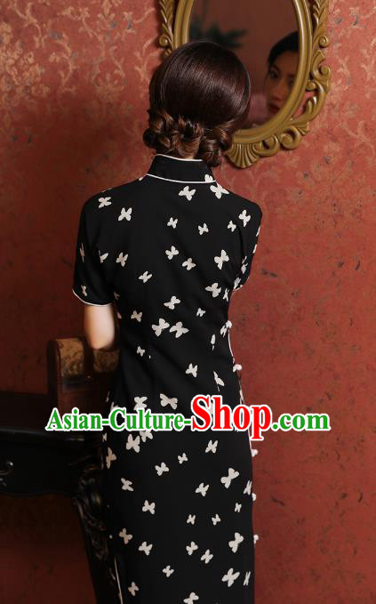 Chinese Classical Black Chiffon Qipao Dress National Woman Costume Traditional Printing Butterfly Cheongsam