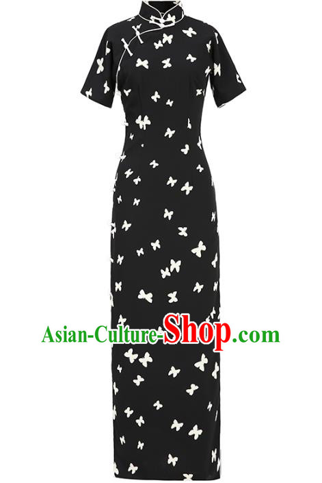Chinese Classical Black Chiffon Qipao Dress National Woman Costume Traditional Printing Butterfly Cheongsam