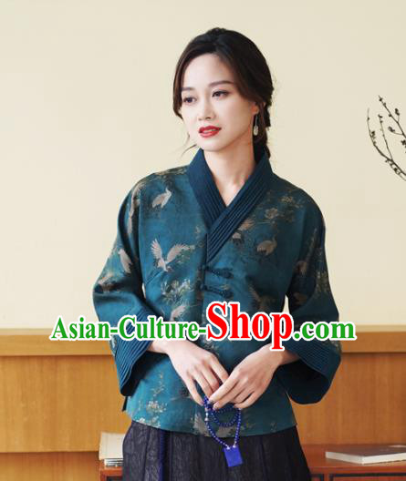 China National Female Outer Garment Traditional Tang Suit Blue Brocade Jacket