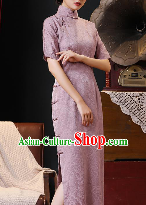 Chinese National Woman Costume Traditional Stand Collar Cheongsam Classical Pink Silk Qipao Dress