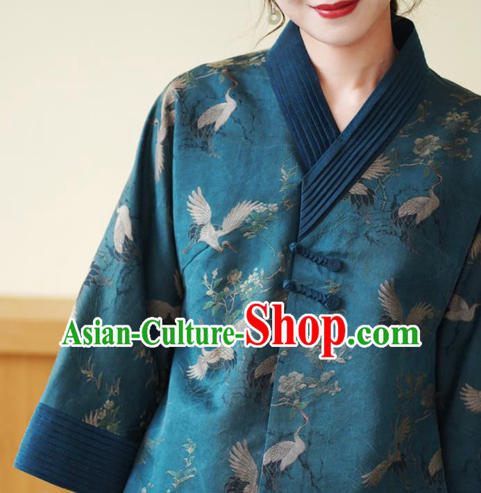 China National Female Outer Garment Traditional Tang Suit Blue Brocade JacketChina National Female Outer Garment Traditional Tang Suit Blue Brocade Jacket