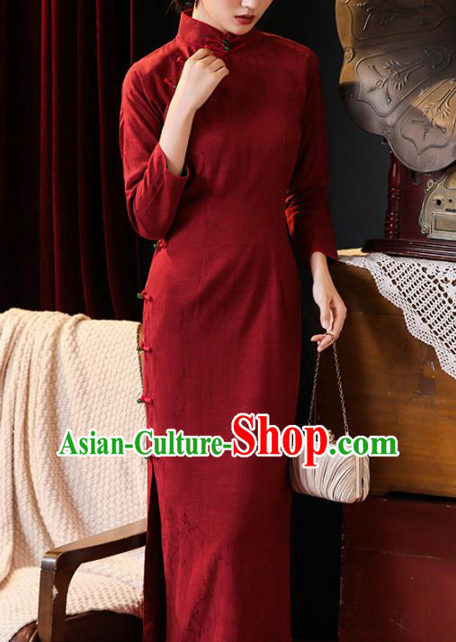 Chinese Classical Wine Red Qipao Dress National Shanghai Woman Costume Traditional Stand Collar Cheongsam