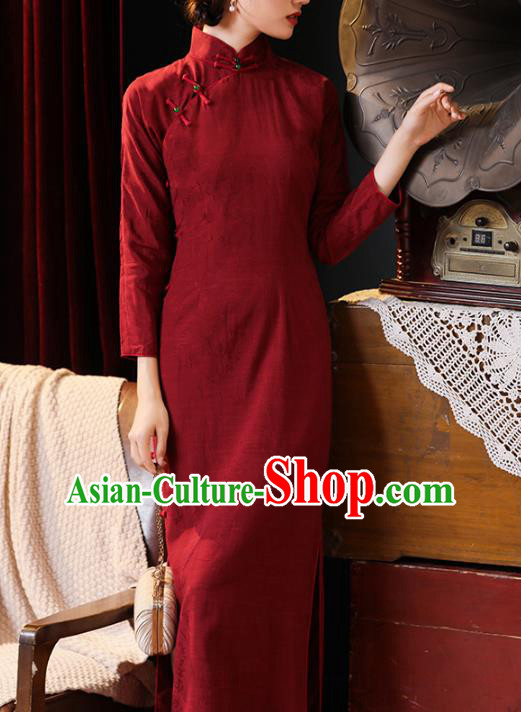 Chinese Classical Wine Red Qipao Dress National Shanghai Woman Costume Traditional Stand Collar Cheongsam