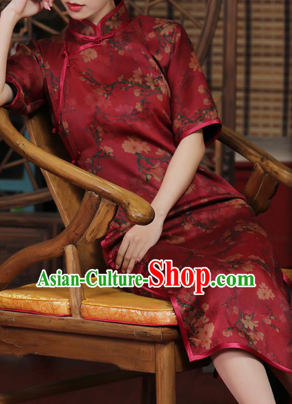 Chinese Traditional Shanghai Silk Cheongsam Clothing Classical Red Gambiered Guangdong Gauze Qipao Dress